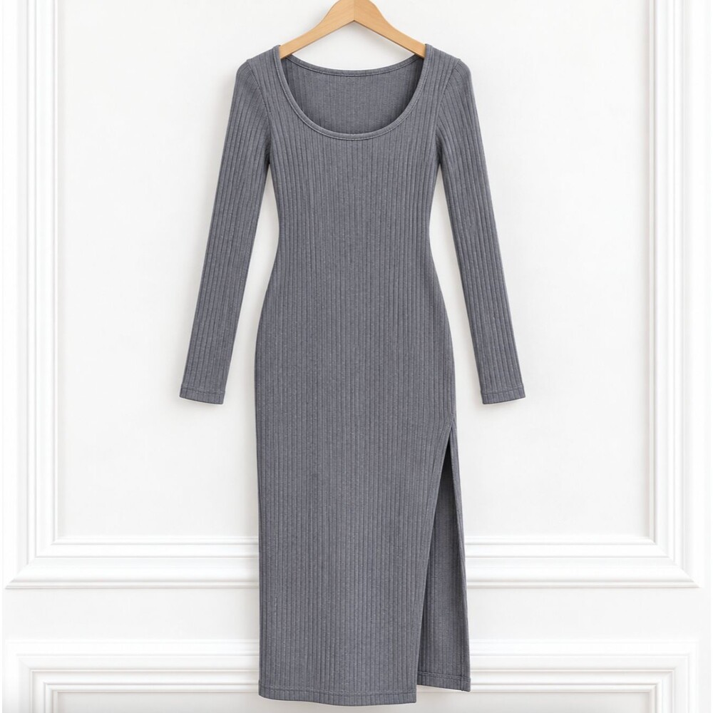 Wild Fable Womens Gray Ribbed Bodycon Dress Scoop Neck Long Sleeve Side Slit XXS